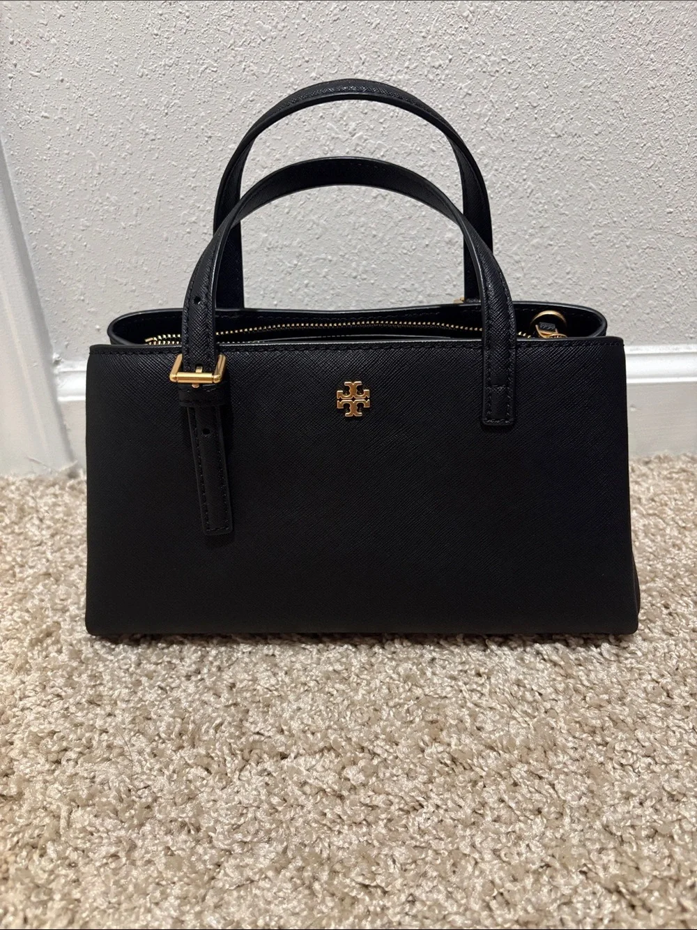 Tory Burch Black Saffiano Leather Top-Handle Satchel with Gold Logo